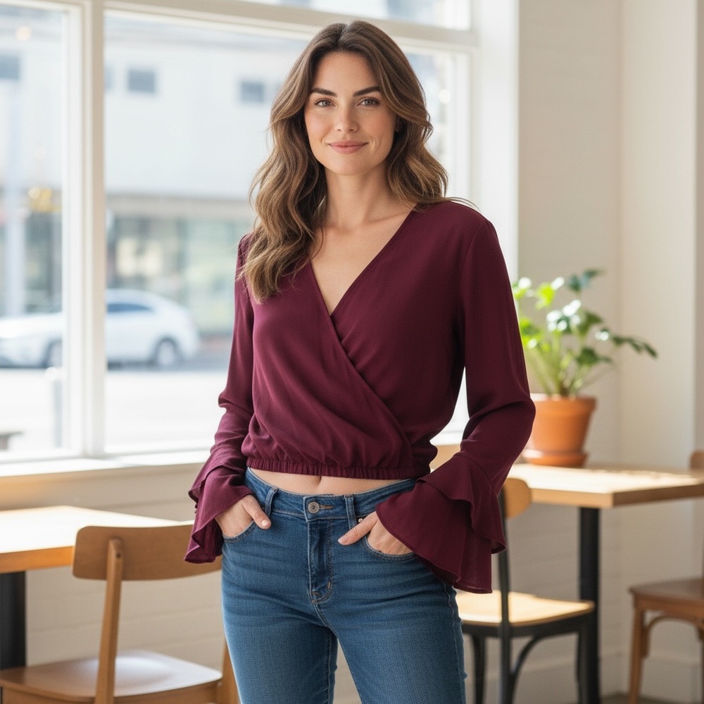 Burgundy Crop Wrap Ruffle Bell Sleeve Blouse Sz.‎ M